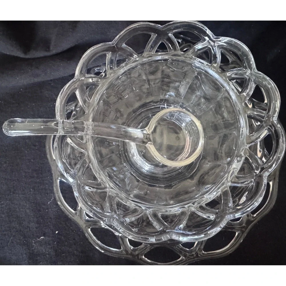 Vintage Clear Glass Mayonnaise Set Lace Edge Bowl Underplate Ladle 3pc Sauce Set